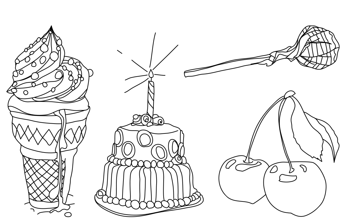 Illustration: Ice cream, birthday cake, cherries, lollipop