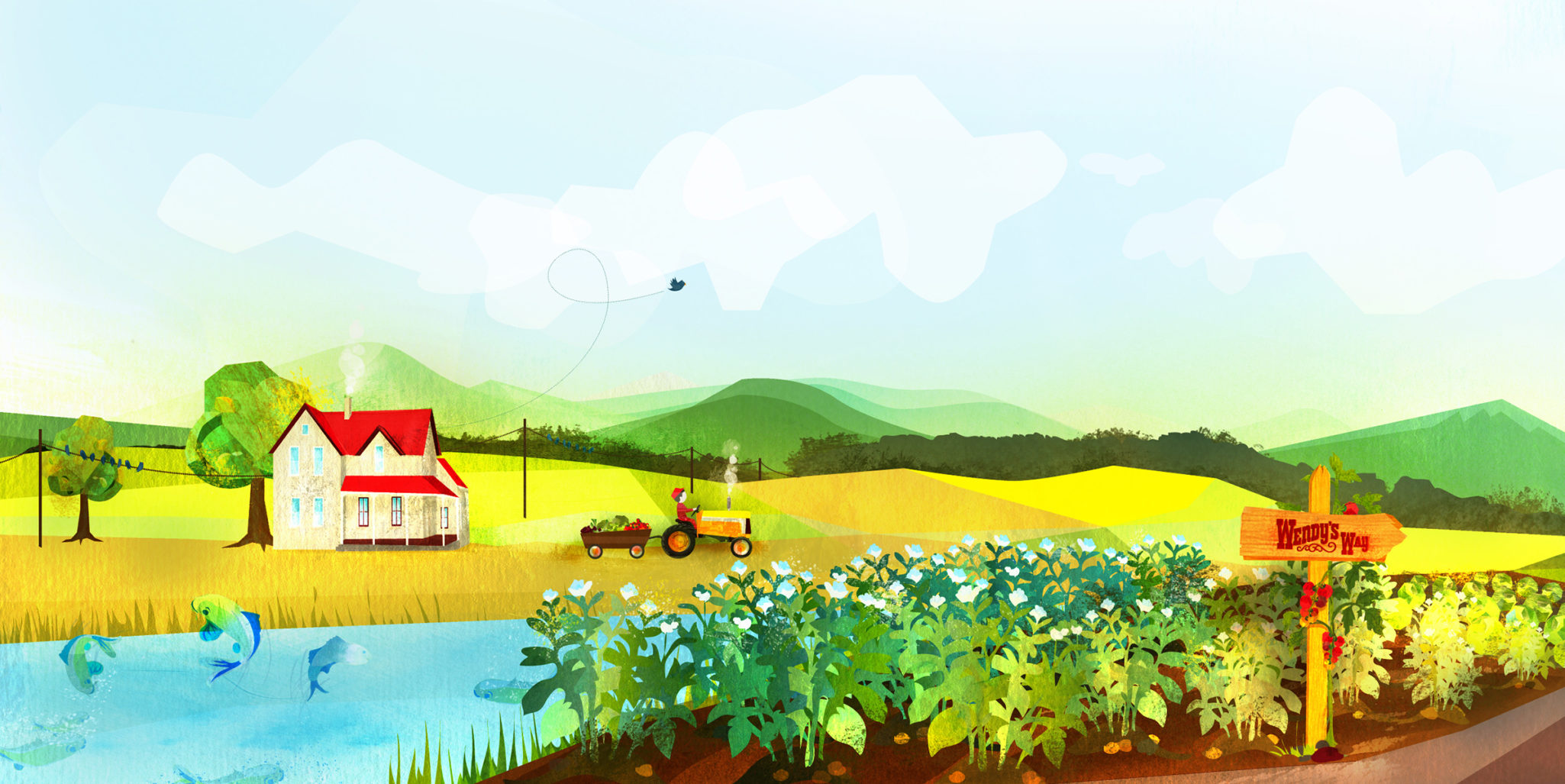 Panoramic illustration showing wendy's farm