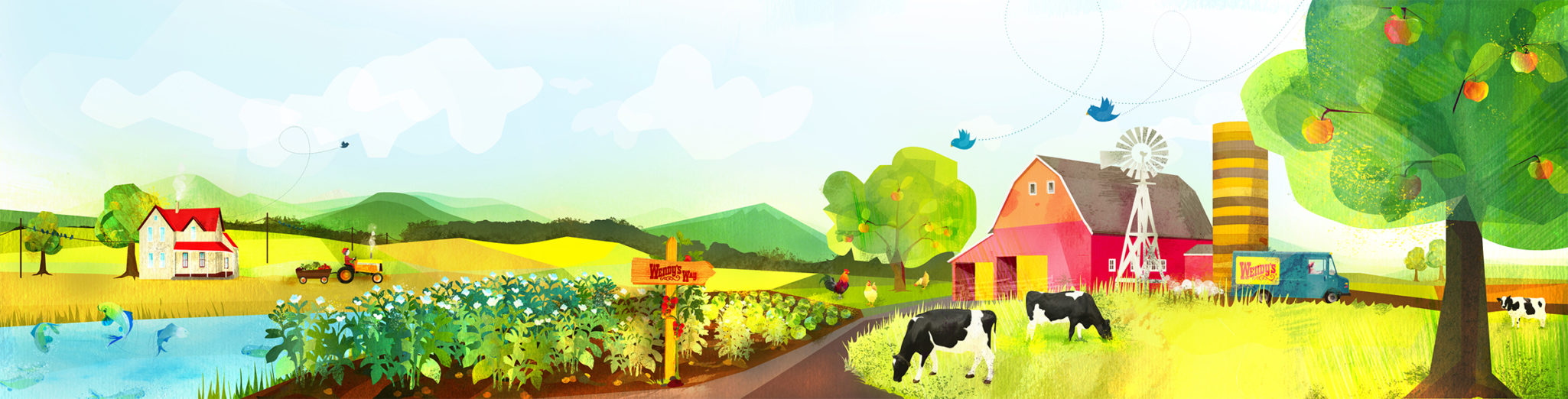 Panoramic illustration showing wendy's farm