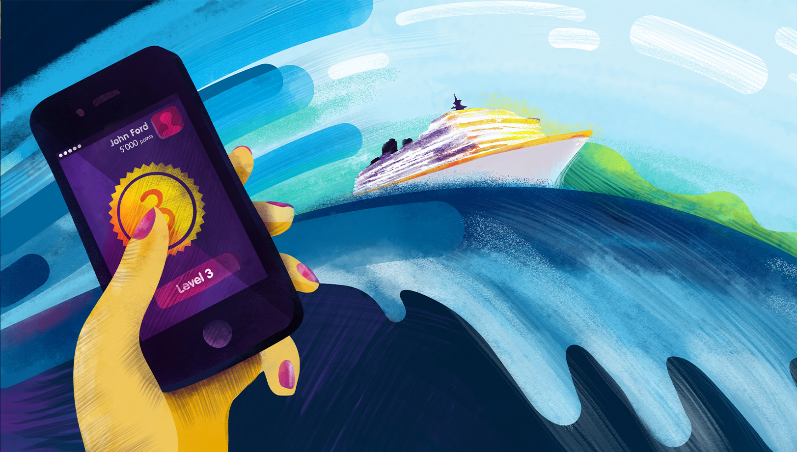 Styleframe detail for animated TV commercial: Smart phone and cruise ship