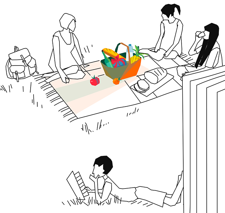 Illustation: Girl's picknick in the park and reader