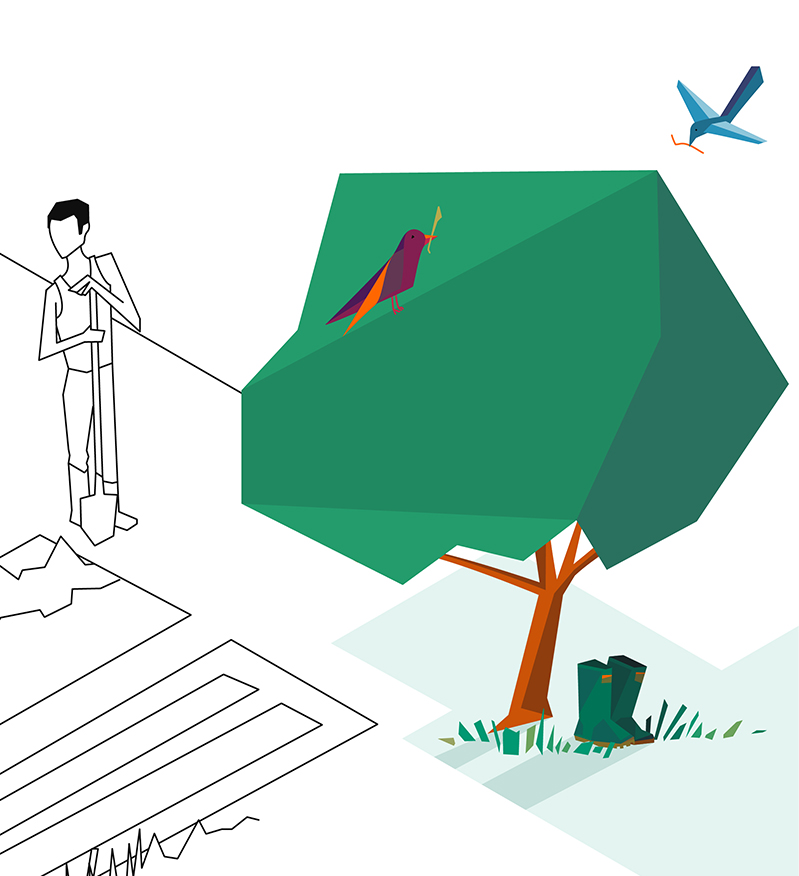 Illustration: Gardener, tree, birds and wellies