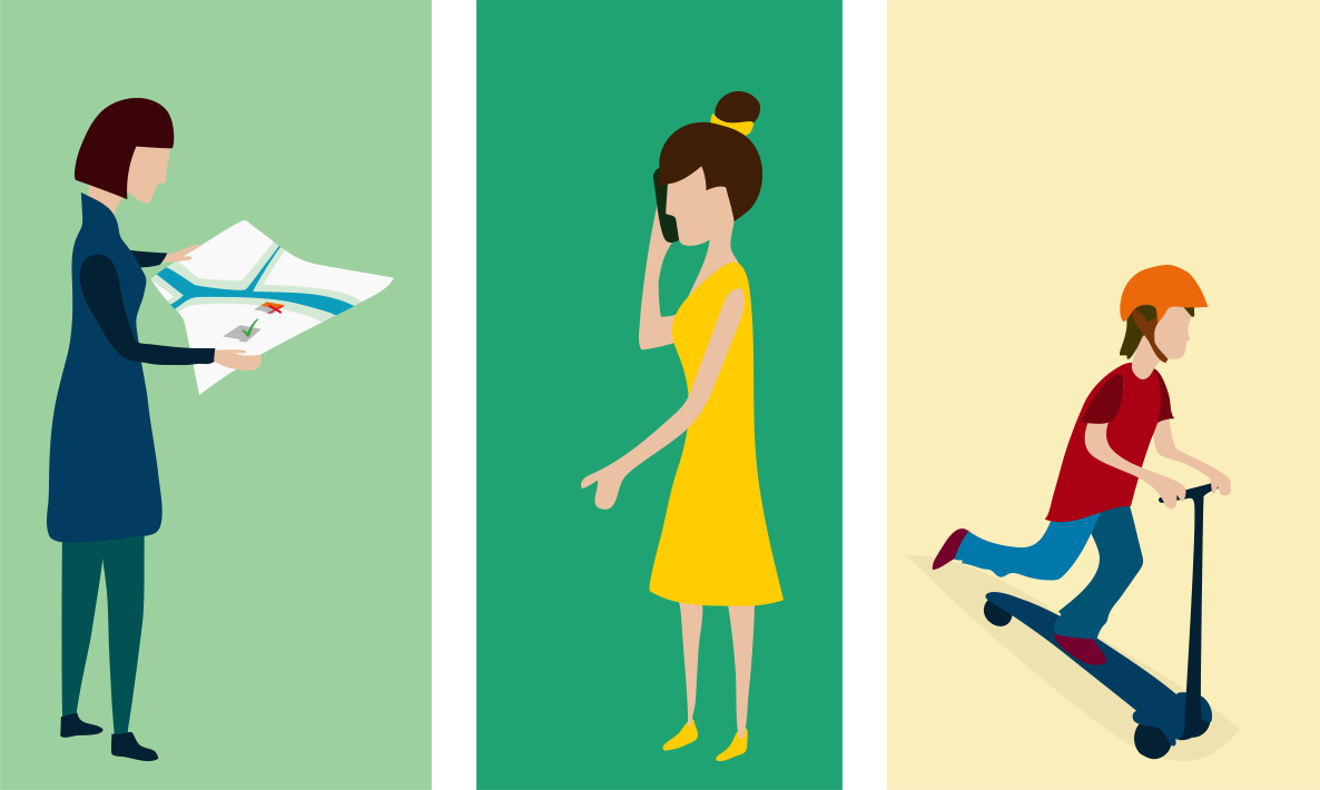 Character design for animated explainer video: builder, woman on cellphone, boy on kickboard