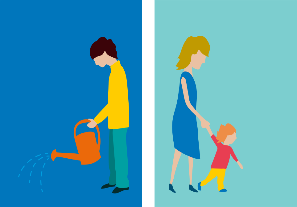 Character design for animated explainer video: Gardener, mother with child