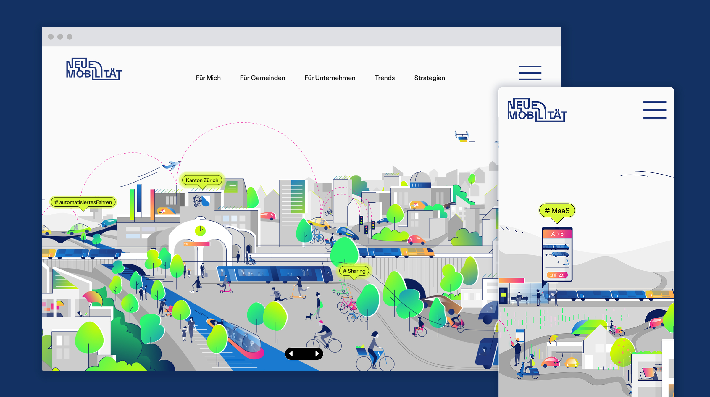 Two mock up views of the website "Neue Mobilität" with the illustration as header picture. View one shows browser window, the second view shows mobile.