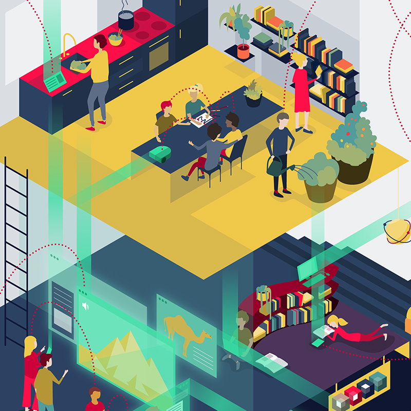 Isometric illustration: Kitchen, Library, Group Work