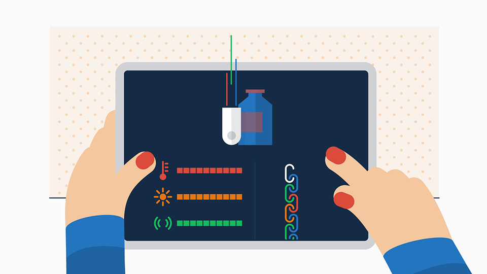 Hands holding an iPad with a blockchain visualisation